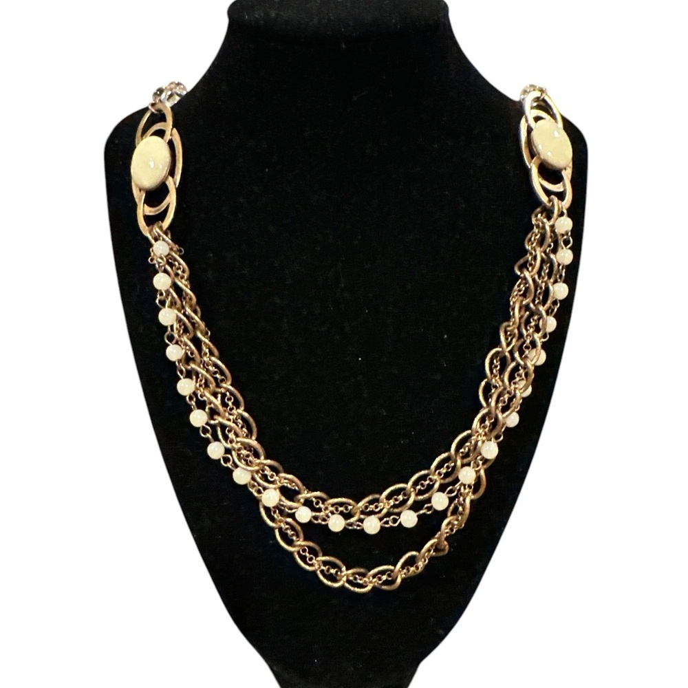 NICOLE MILLER LONG GOLDTONE BEADED CHAIN ENAMEL STONE NECKLACE